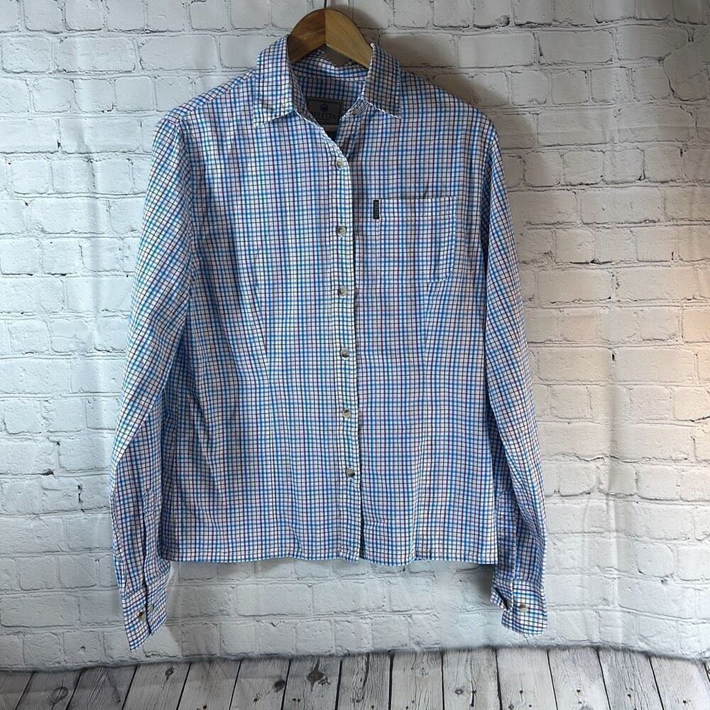 BERETTA Womens Pink Blue Plaid Long Sleeve M Medium Button Down Shirt